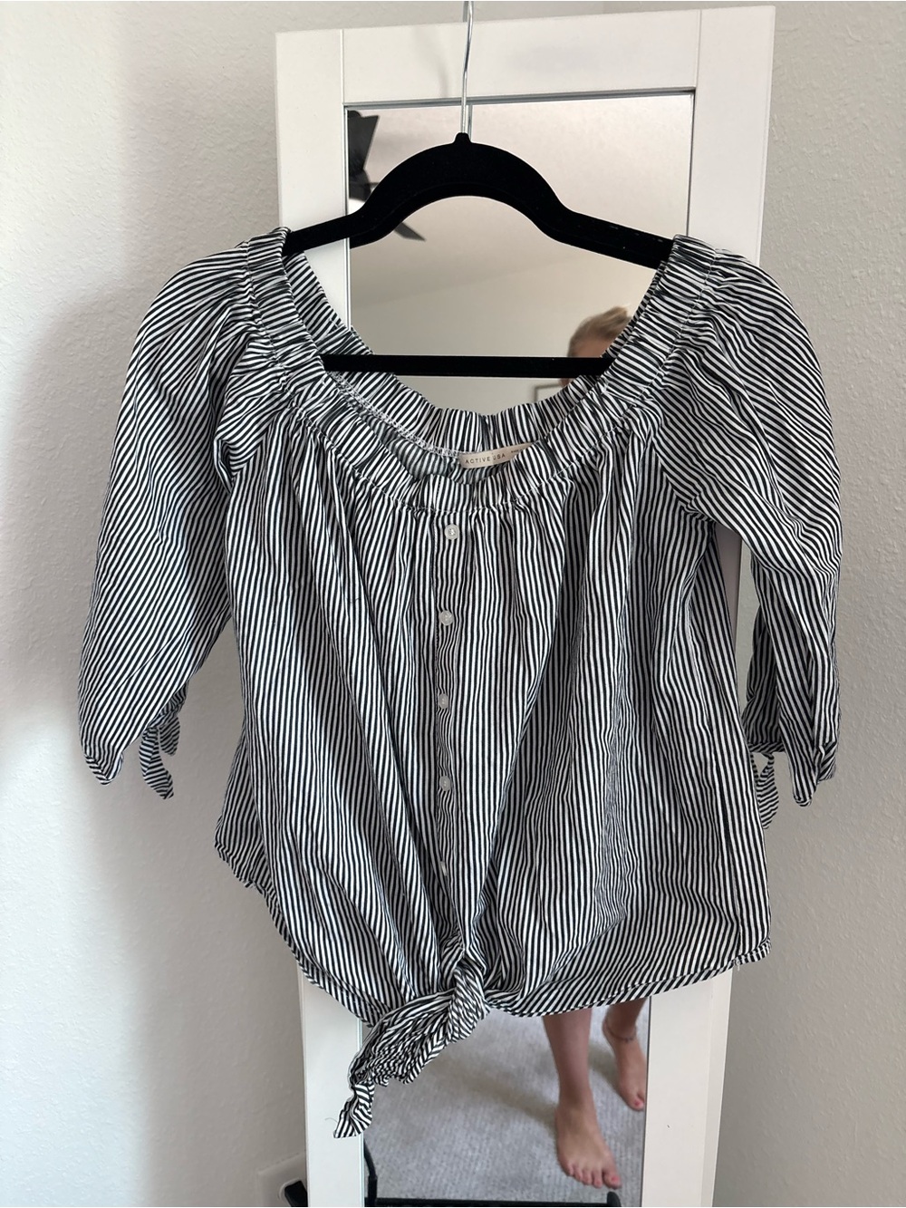 Active USA Black & White Striped Tie-Front Peasant Top